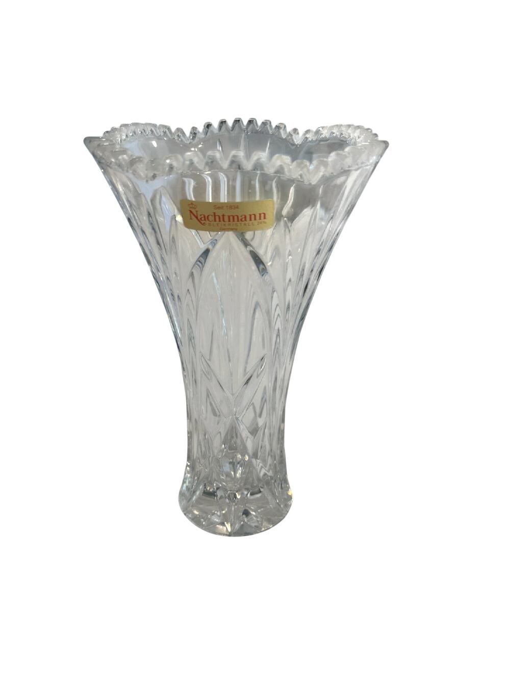 Vtg Nachtmann Germany Lead Crystal Vase 9" Scalloped Rim Fan Cut Crystal Vase